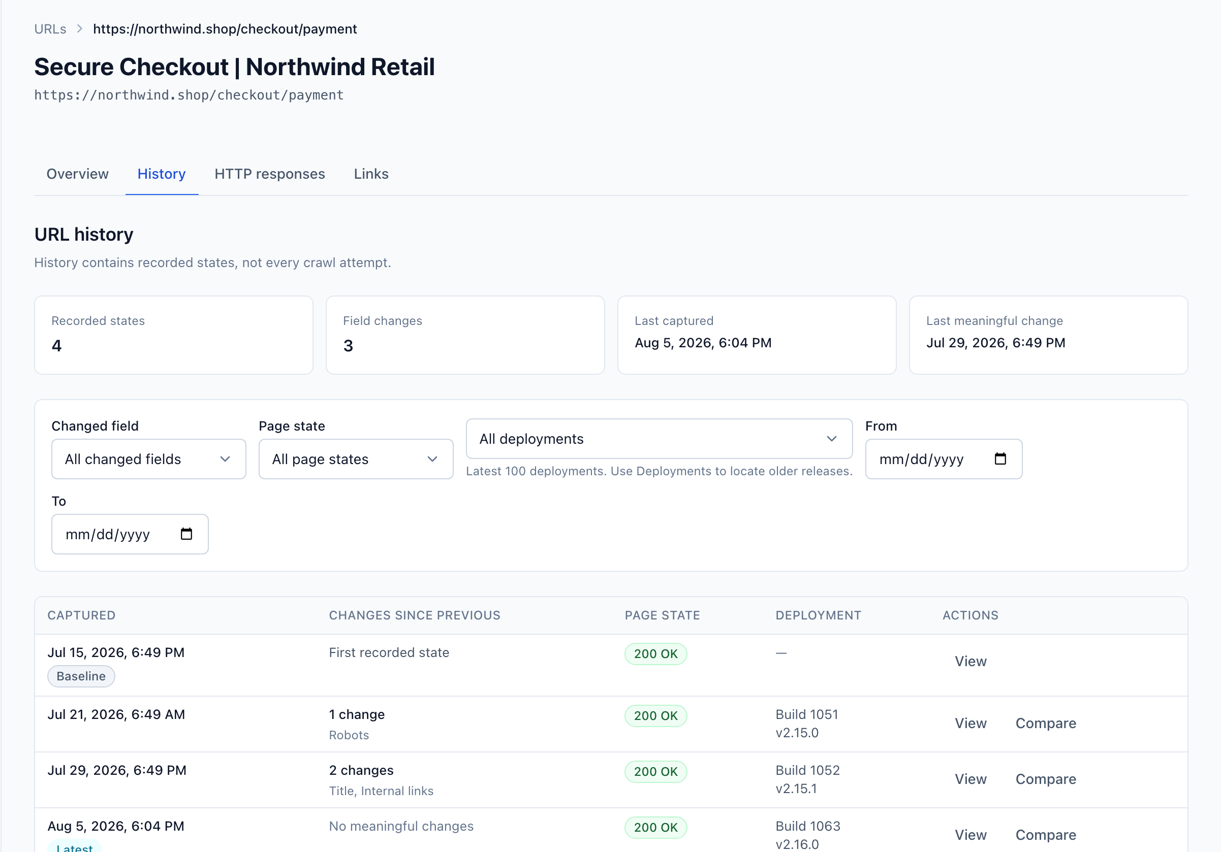 URL history view showing recorded states, field changes, and a timeline of captured snapshots with deployment context