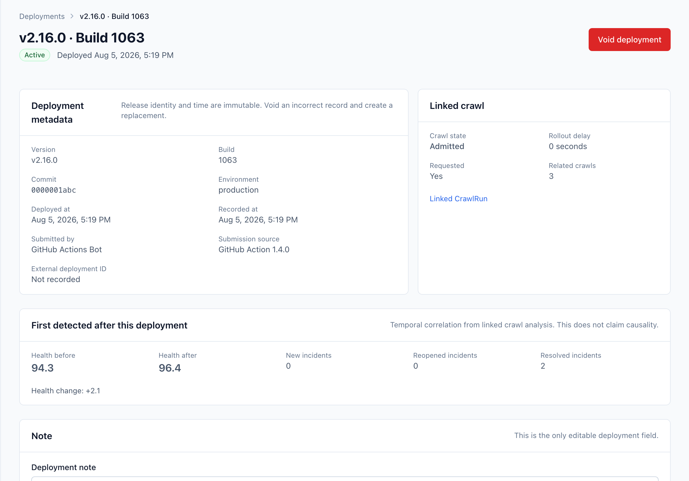 Deployment detail showing version and build metadata, the linked crawl, and Health before and after the deployment