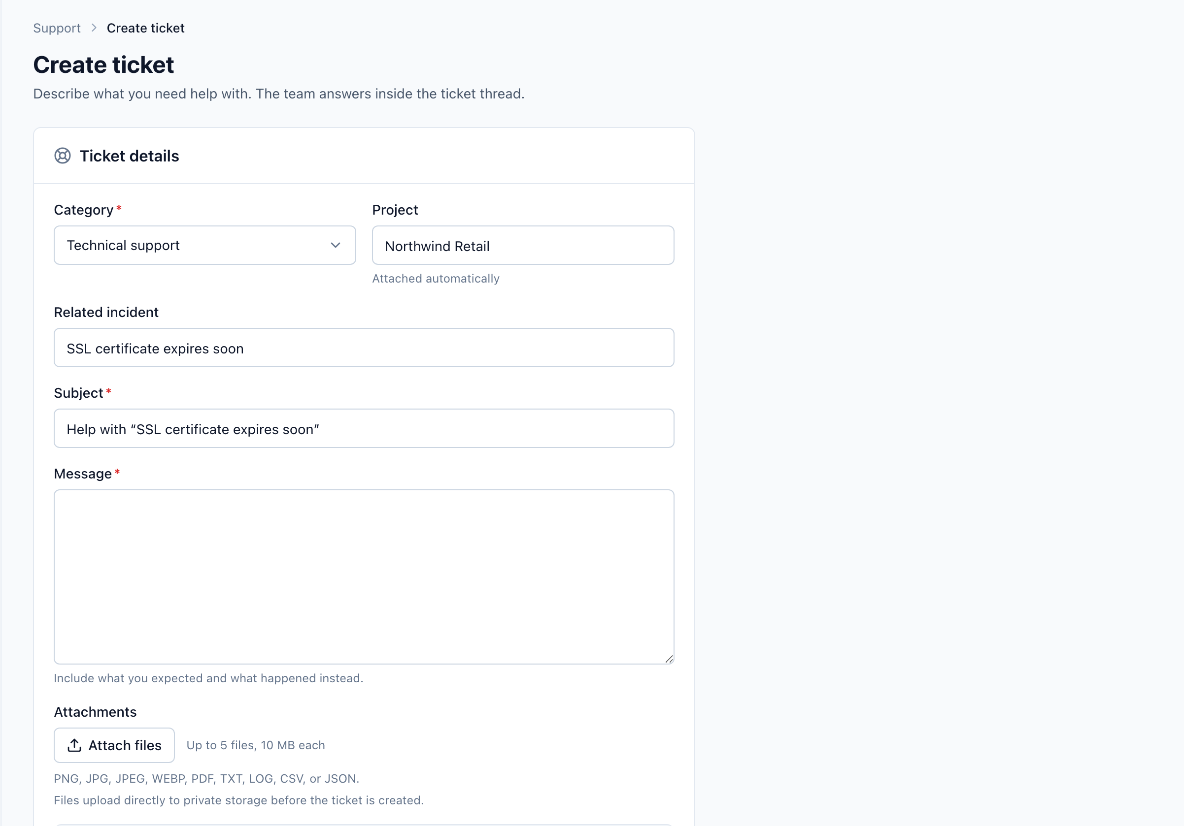 Create ticket form pre-filled with the related Incident and project context