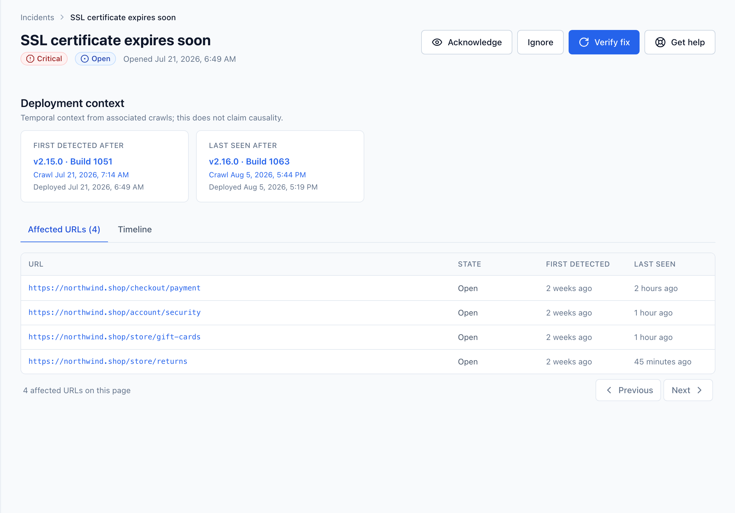 Incident detail page showing severity, deployment context, first detected and last seen builds, and a table of affected URLs